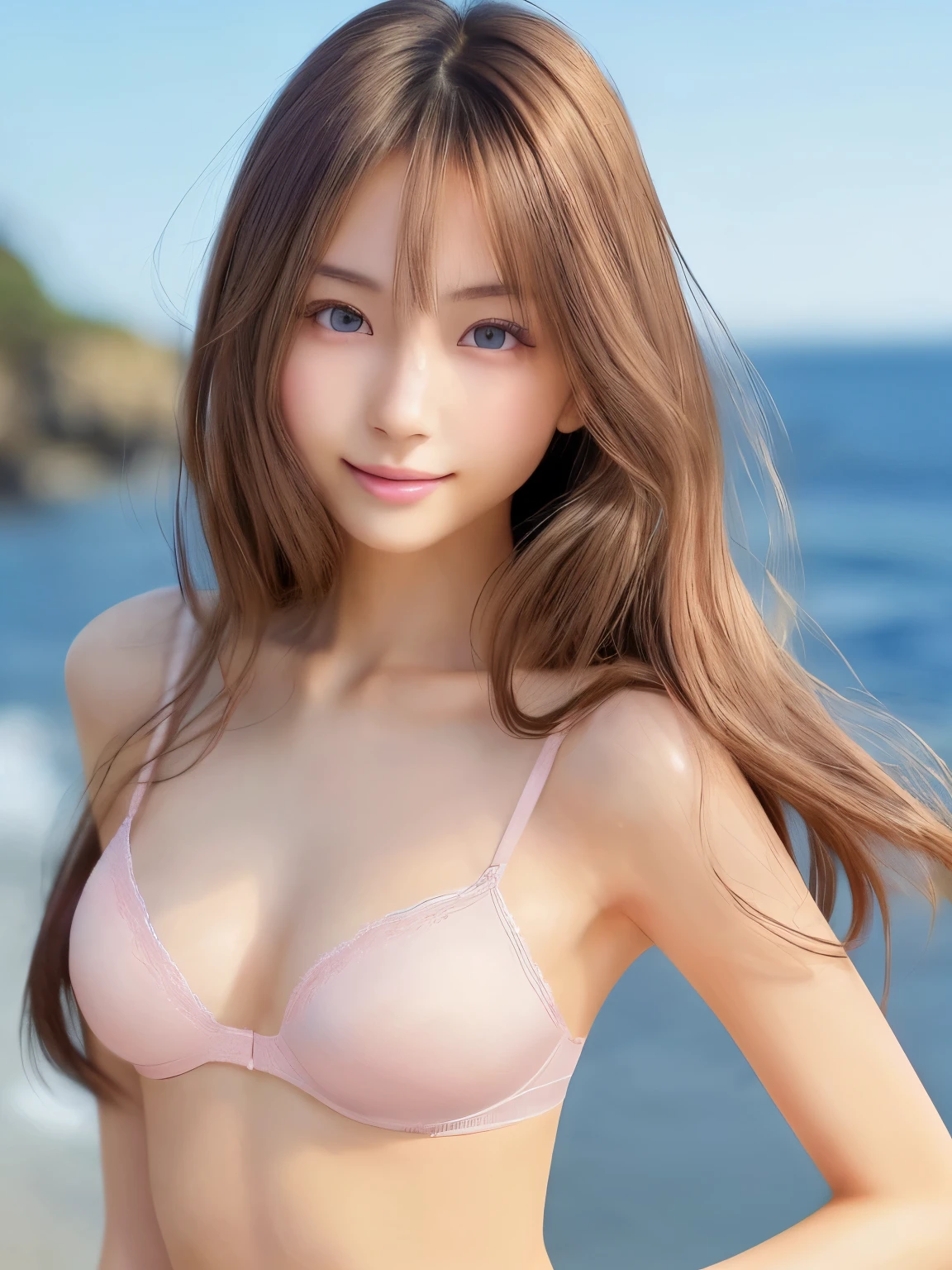 young beautiful japanese woman,, Light, shiny, brown, silky, medium-long hair, Wearing light pink underwear, Perfect dynamic composition, Beautiful Eyes, Beautiful Eyesの輝き,Beautiful Face,Fine hair, Detailed and realistic skin texture, A gentle smile, Model body type、Slim and toned waist、whole body、Ocean