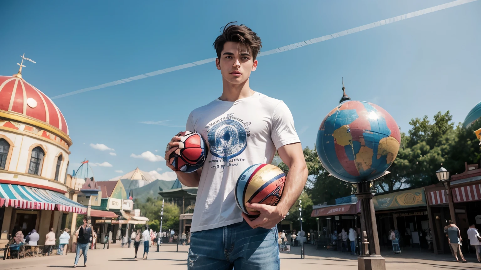fit brunette male athlete as strong hands is standing in jeans and shirt holding with symmetrical hands the earth globe in his hands in an amusement park