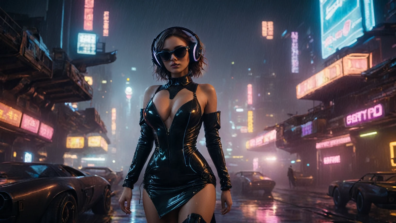 (aerial view, a flying cars docking platform, a very dark abandoned futuristic city, neon lights), rainy night. 1girl, solo, alone, large-breast:1.2 slim body, cleavage:1.1, sexy wind blowing wet dress:1.4, (headphone, black sunglasses), (((((she raised:1.8 a pistol:1.8 and took aim at viewer))))), dynamic pose, (((half-body thigh level medium shot))), cinematic lighting, lens flare, ray tracing.