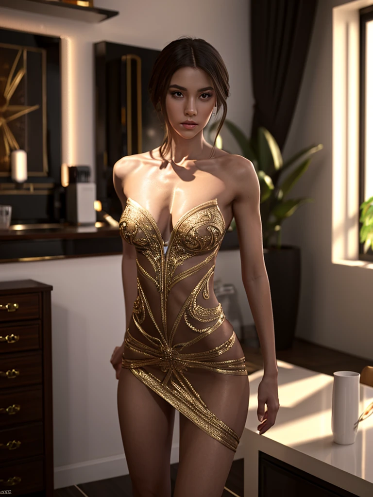 Beautiful Alluring Ornate female model, Bare Skin, Athletic Well Toned Body, slender hot body, Elegant Form, Bare Skin, Inside A luxurious apartment, Barely Clothed, revealing dress, Beautiful Face, Octane Render, Digital Art, Extreme Detail, 4k, Ultra Hd, Polished, Beautiful, Hyperdetailed, Intricate, Elaborate, Meticulous, Photorealistic, Sharp Focus, Wlop, Character Design, Unreal Engine, 3d Rendered, Volumetric Lighting, Reflections, Glossy, Digital Illustration, Sensual Pose, Suggestive Pose, Lewd, Full Body Shot, anatomically correct 💖❤💕💋❣