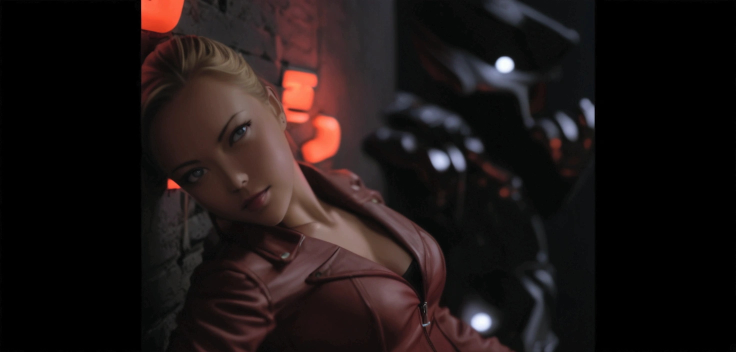 Blonde woman in leather jacket leaning against a wall with a neon light, Kristanna Loken, doom beautiful face,