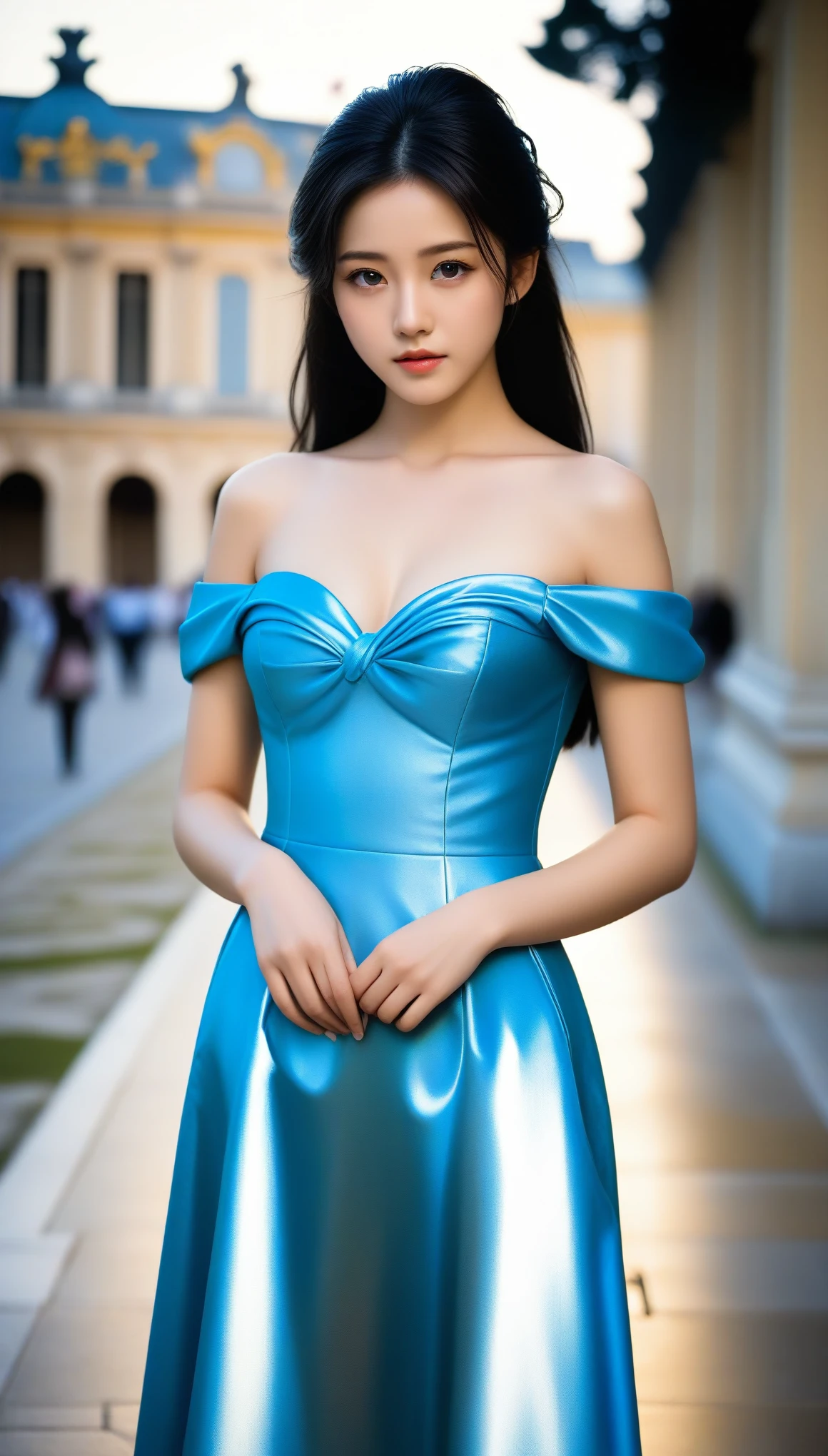 8k, Ultra-high resolution, Highest quality, masterpiece, 三分割法によるphotograph,Surreal, photograph, 1 Girl, (16 years old:1.3), pretty girl, Cute Face, Beautiful eyes in every detail, 細かくdetailedに,masterpiece,One Girl:1.2, Japan Female Announcer,full body,disgust,Long black hair,Curl inside hair,(Nobility of the Bourbon dynasty:1.3),(印象派の美しい少女のPortraiture), Lady,(Standing in the square of the Palace of Versailles:1.3), (After the Rain), (Sunset reflection), (Impressionist light and colour),Realistic Skin, Perfect and beautiful face ,完璧でCute Face, Skin with attention to detail, Perfect limbs、Narrow waist,Looking at the audience、beauty,Long neck、(((Ideal body type))),A cup small breasts :2,Portraiture:2,Perfect Anatomy,鮮明なdetailed,detailed,Surreal,Light and shadow,darkness