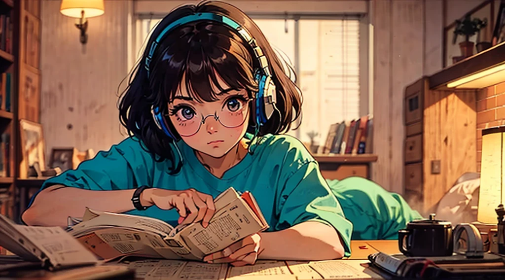 A girl, 80s anime style, retro, lo-fi, piercing, glasses, wearing headphones, in the morning, headshot, Close-up of face, intense closeup shot, Intense close-up, outside