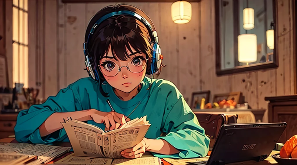 A girl, 80s anime style, retro, lo-fi, piercing, glasses, wearing headphones, in the morning, headshot, Close-up of face, intense closeup shot, Intense close-up, outside