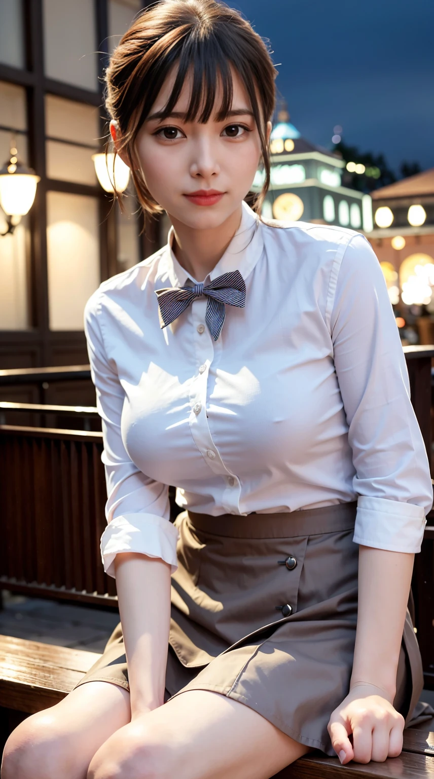 (8k, RAW photo, best quality, masterpiece:1.2), (realistic, photo-realistic:1.37), ultra-detailed, 1 girl,cute, solo,beautiful detailed sky,detailed cafe,night,sitting,dating,(nose blush),(smile:1.1),(closed mouth), medium breasts,beautiful detailed eyes,(collared shirt:1.1), bowtie,pleated skirt,(short hair:1.2),floating hair