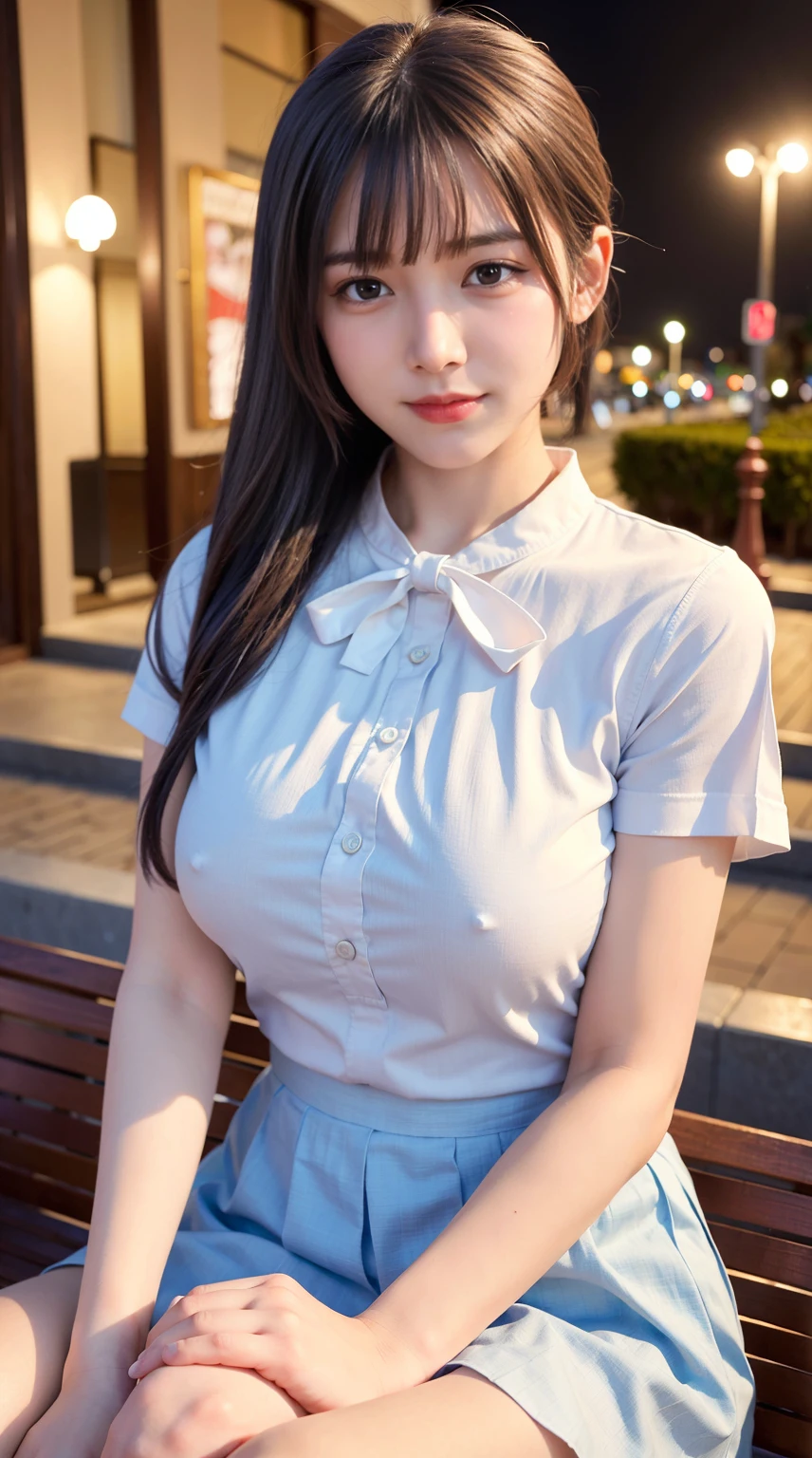 (8k, RAW photo, best quality, masterpiece:1.2), (realistic, photo-realistic:1.37), ultra-detailed, 1 girl,cute, solo,beautiful detailed sky,detailed cafe,night,sitting,dating,(nose blush),(smile:1.1),(closed mouth), medium breasts,beautiful detailed eyes,(collared shirt:1.1), bowtie,pleated skirt,(short hair:1.2),floating hair