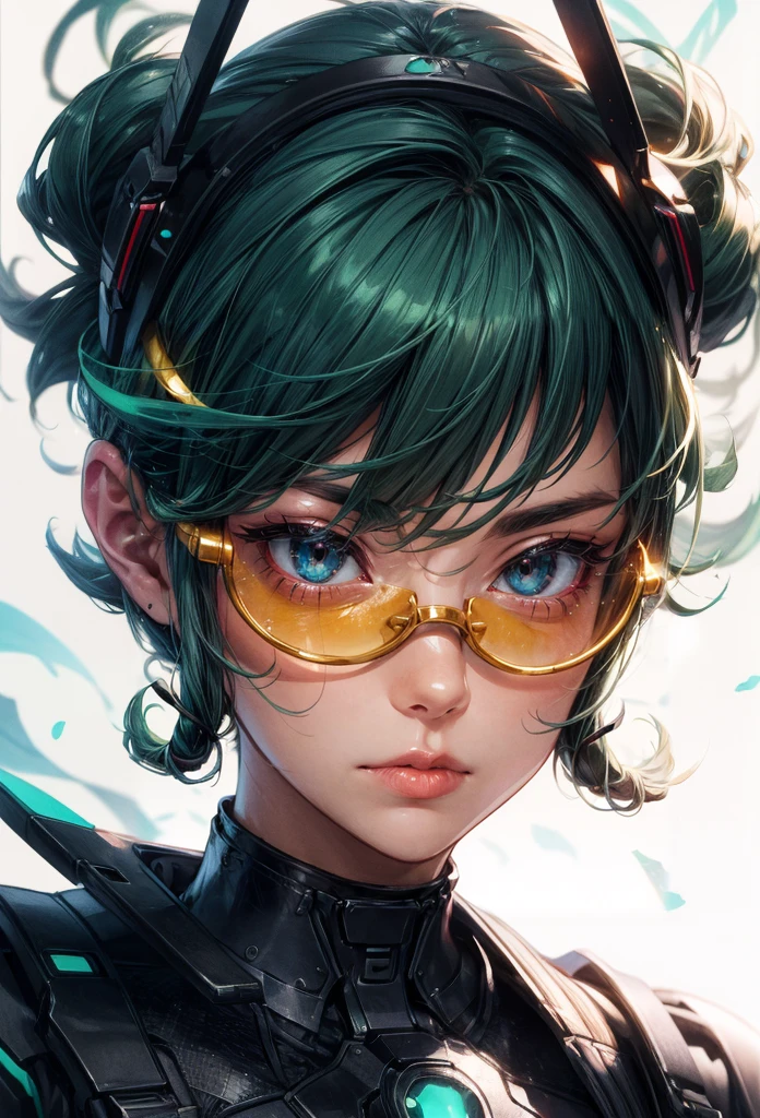 a futuristic guy with wraparound yellow glasses, anime style, green hair, white background, yellow colors, full body, 1 person, beautiful detailed character, photorealistic, 8k, high quality, ultra detailed, cinematic lighting, vibrant colors, dynamic pose, sci-fi, digital art