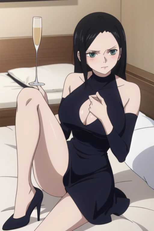 Nico Robin, Slicked back hair, Large Breasts, mature A tight, busty-revealing red striped dress Knee length Open chest White high heels Exposing shoulders Exposing breasts Long legs Angle from above Stand up and turn around Spread your legs Champagne glass in one hand Hotel Bedroom blush stare