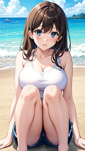 (masterpiece, Highest quality, Absurd, Game CG, shape, Very detailed), One Girl, alone, (mayu kuroe), Beautiful attention to detail, stitting with, Beach, Bent knees, Tank top, Short shorts,Big Breasts