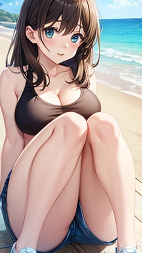 (masterpiece, Highest quality, Absurd, Game CG, shape, Very detailed), One Girl, alone, (mayu kuroe), Beautiful attention to detail, stitting with, Beach, Bent knees, Tank top, Short shorts,Big Breasts