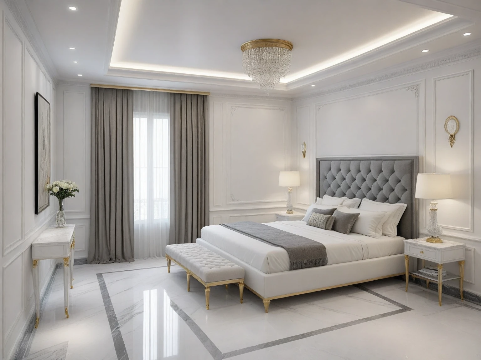 masterpiece, modern ((( bedroom : 1.3 ))) space, luxurious, aristocratic interior design, royal space, ((super detail :1.3))), neoclassical style design, neoclassical interior Modern blend, details, luxurious aristocratic neoclassical kitchen inside, luxurious marble floor, interior illustration, white, gray glossy floor ((1.2)),