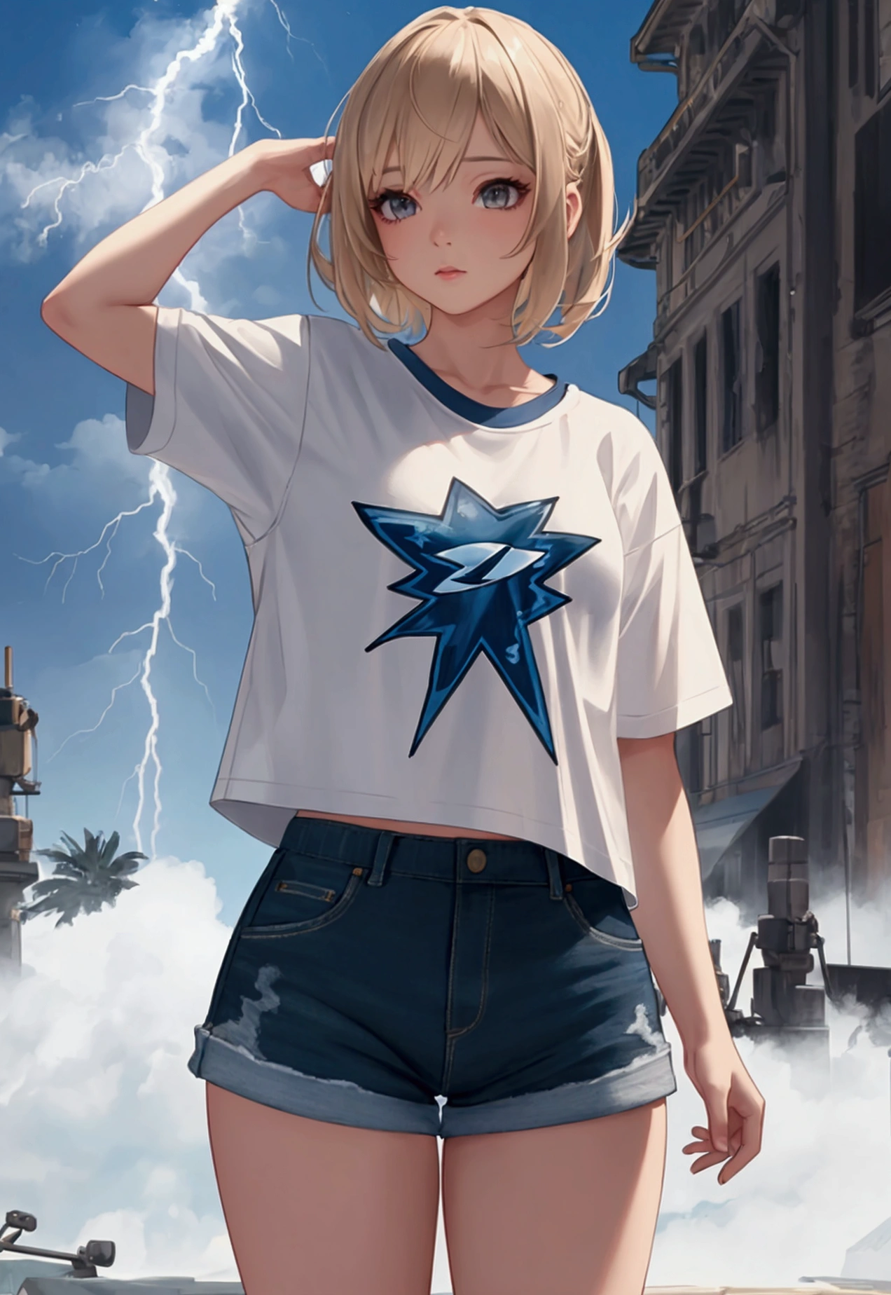 Ultra detailed, realistic lightning, realistic background, one girl, massive , tiny shorts and t-shirt, sexy,