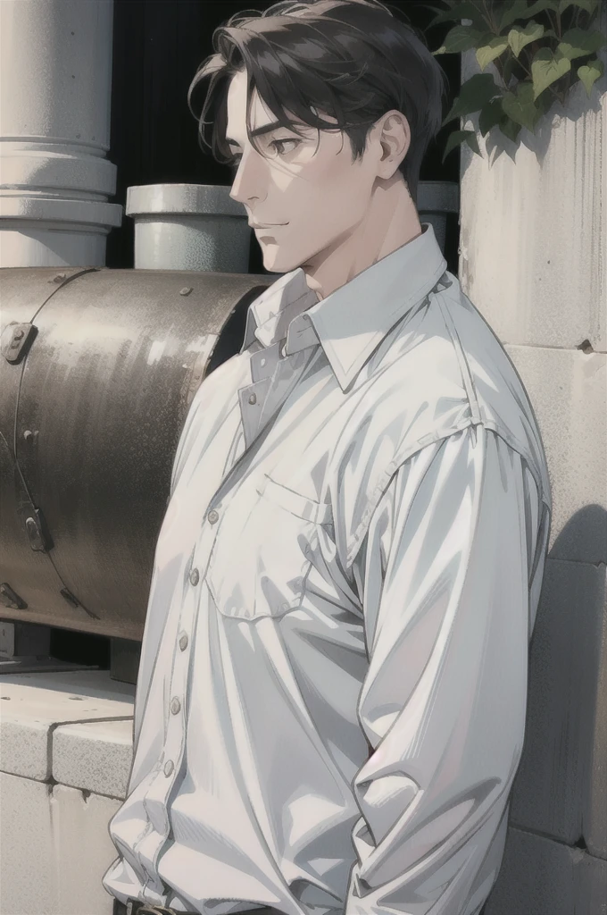 A white ex-military man in his 40s。I can't see your face。Wearing a hat。Gray Hair。Brown cape。The background is a forest。Sitting on a big rock。Smoking a cigarette。There is a sword nearby。solo, Overlooking, Close your mouth, beard, Frowning,