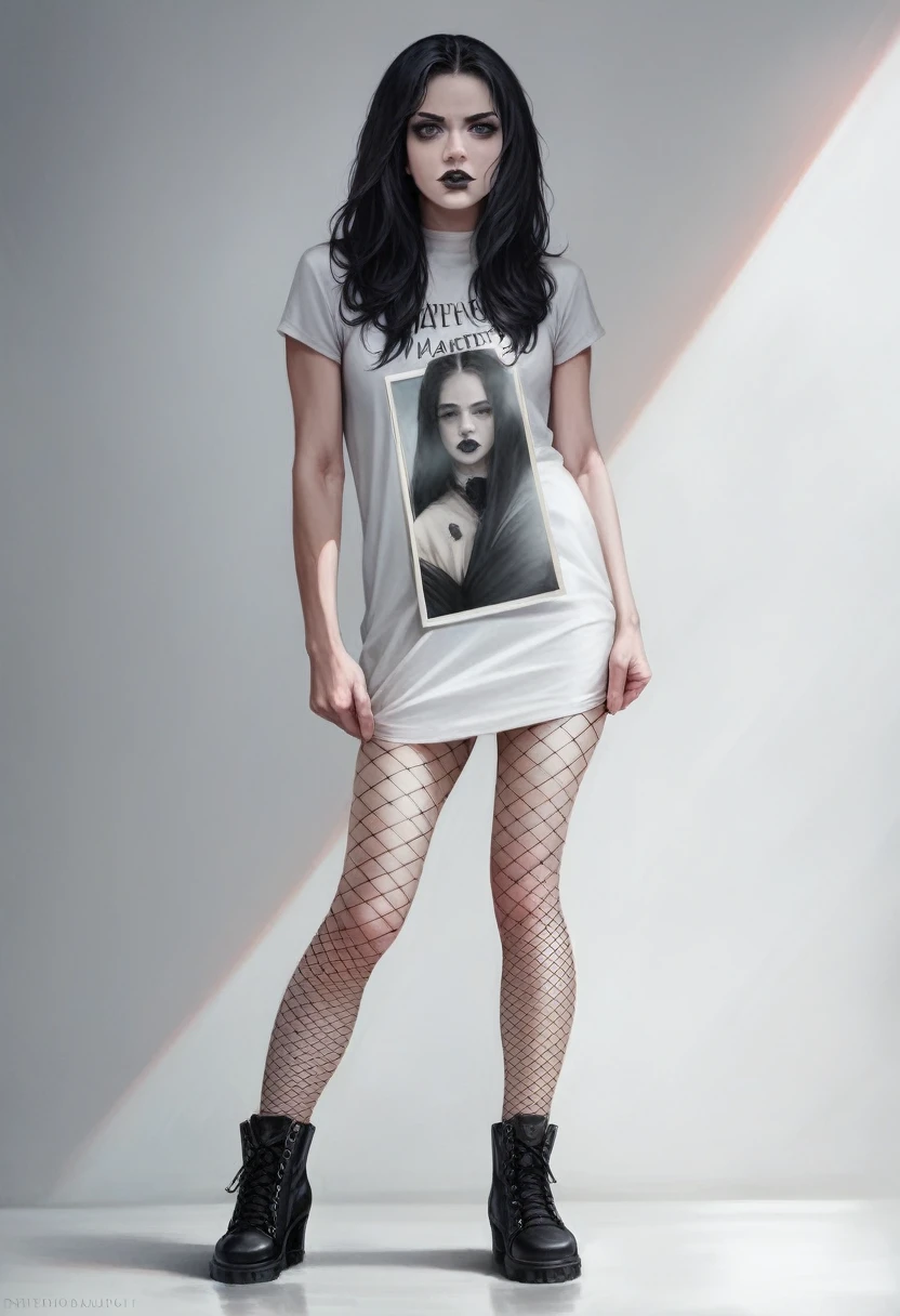anime 17 year old goth anime girl with black hair, black lipstick, wearing fishnets, full body shot down to her toes, no clothes, white background, (best quality,4k,8k,highres,masterpiece:1.2),ultra-detailed,(realistic,photorealistic,photo-realistic:1.37),realistic portrait, intricate details, dramatic lighting, high contrast, moody atmosphere