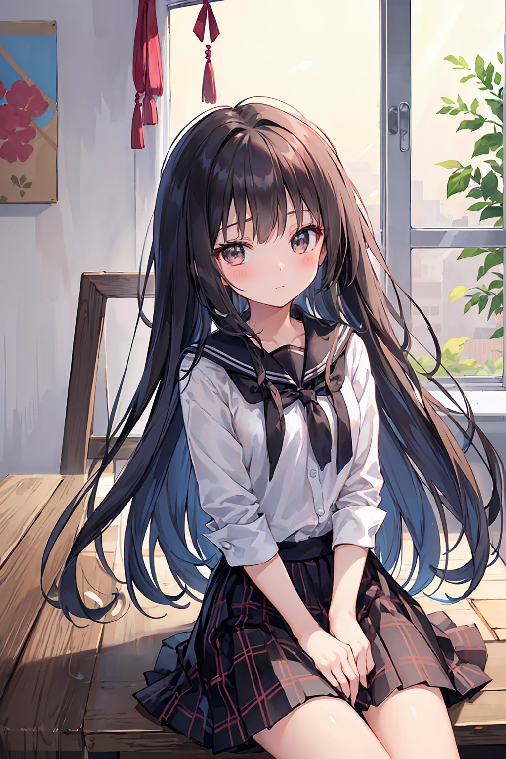 Highest quality，Beautiful face in every detail，cute，Dark brown eyes，(背の低いcute女の子，Little young student，Young and delicate girl）,（masterpiece，Highest quality)，Black Hair，Sleepy look，Plaid black skirt