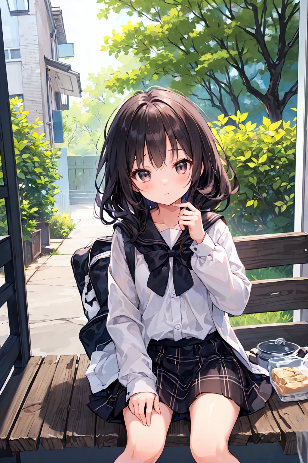 Highest quality,Beautiful face in every detail,cute,Dark brown eyes,(背の低いcute女の子,Little young student,Young and delicate girl),(masterpiece,Highest quality),Black Hair,Sleepy look,Plaid black skirt