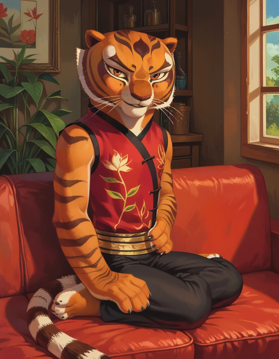 score_9, score_8_climb, score_8, 1 girl, m4stertigr3ss, alone, tail, look at viewer, red cheongsam, Black silk pants sitting on the sofa, living room, window,naked