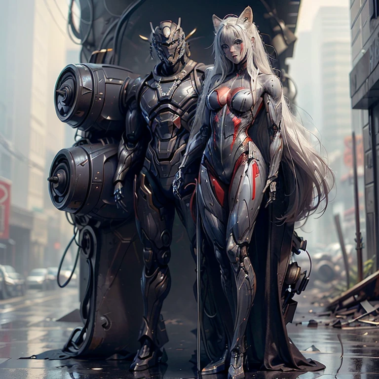 (Fox Girl, Fox Ears, Silver Hair, Fox Makeup, One Girl, Long Hair, Alone on the screen, dark skin, High definition:1.6), (mecha musume, Machinery Parts,Robot Joints, White and red clothes, Full body mechanical suit:1.8), (Body measurements are 75-60-75!, Young girl body, Small breasts, Proudly, Standing posture, slender, muscle:1.9), Avatar, face, lewd face, Dominant representation, naughty face, Uplifting, Skin Texture, outside, ruins, Ruined City, Broken Building, There are no people
