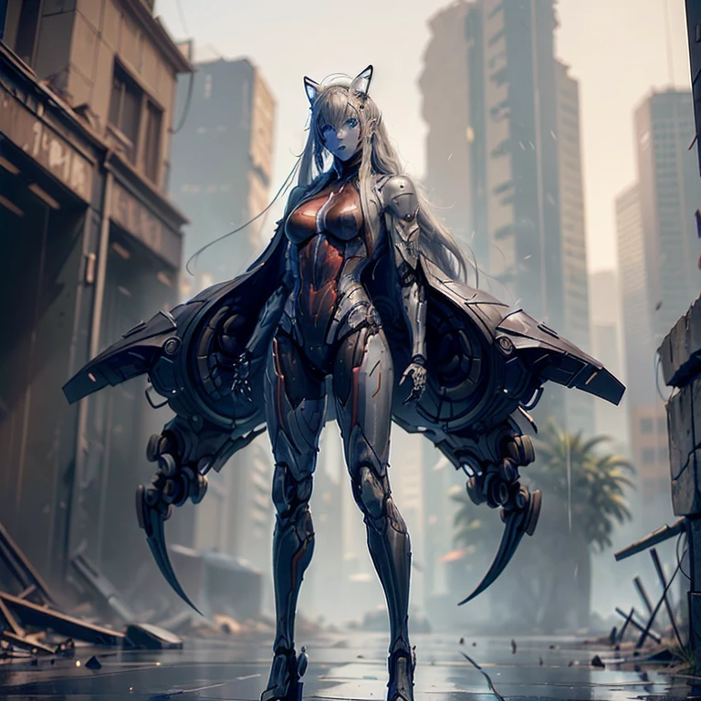 (Fox Girl, Fox Ears, Silver Hair, Fox Makeup, One Girl, Long Hair, Alone on the screen, dark skin, High definition:1.6), (mecha musume, Machinery Parts,Robot Joints, White and red clothes, Full body mechanical suit:1.8), (Body measurements are 75-60-75!, Young girl body, Small breasts, Proudly, Standing posture, slender, muscle:1.9), Avatar, face, lewd face, Dominant representation, naughty face, Uplifting, Skin Texture, outside, ruins, Ruined City, Broken Building, There are no people