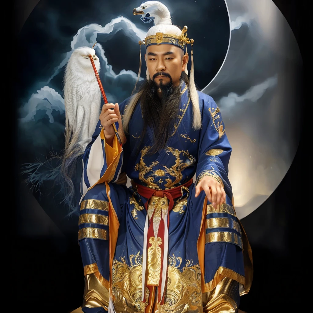 taoist priest with blue and gold robe, yin yang taiji background, holding white horse tail whisk 