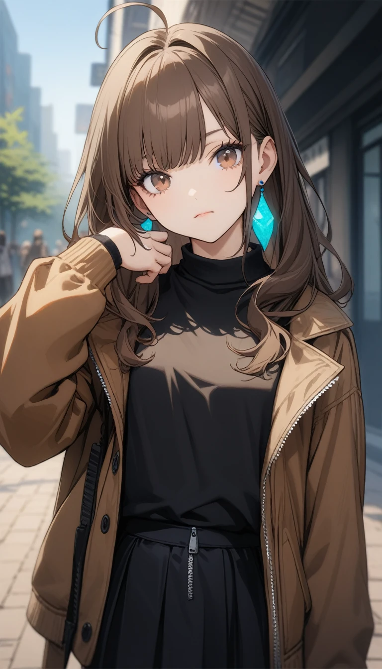 32K, Highest quality, 超High resolution, High resolution, 超High resolution, Highly detailed CG, unity 32K wallpaper, double,, , One Girl, Ahoge, bangs, black skirt, black sweater, Blue Claws, Blurred, Blurred background, chest, Brown eyes, Brown Hair, brown Jacket, Mouth closed, Day付付き, Day, Written boundary depth, Turquoise Earrings, eyelash, Please raise your hand, Tilt your head, Jacket, jewelry, Long Hair, Long sleeve, Show Viewer, medium chest, Manicure, Open clothes, open Jacket, Outdoor, Pursing your lips, tuck your shirt in, Side Lock, skirt, Sleeves are longer than the wrist, alone, sweater, Upper Body, zipper, , , ((masterpiece)), ,