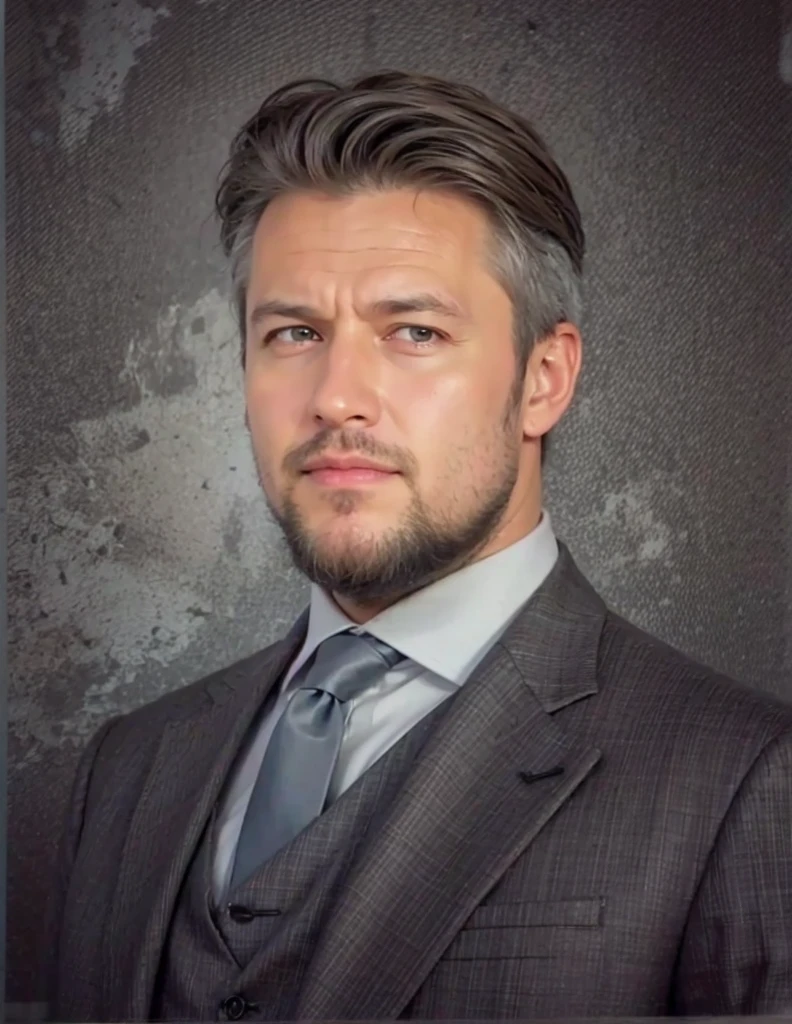 a realistis european man face age 40 years wear a gray suit,ultra hd 8k