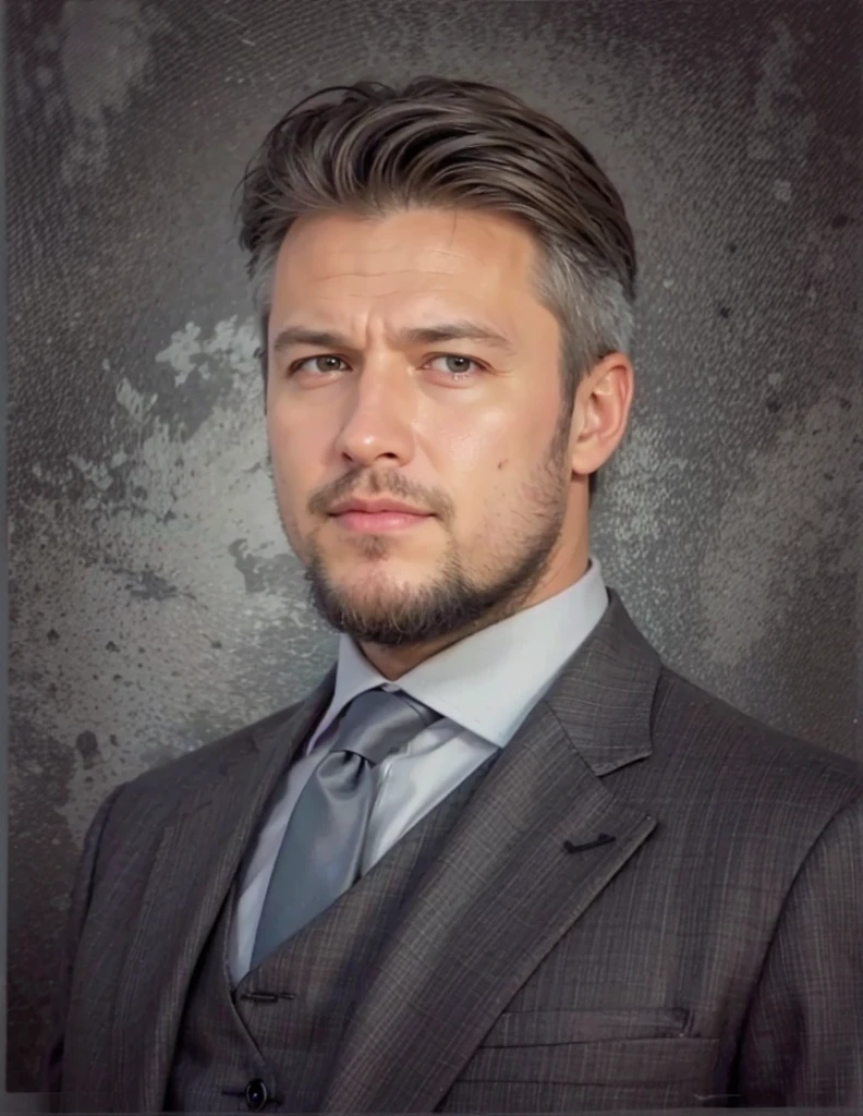a realistis european man face age 40 years wear a gray suit,ultra hd 8k