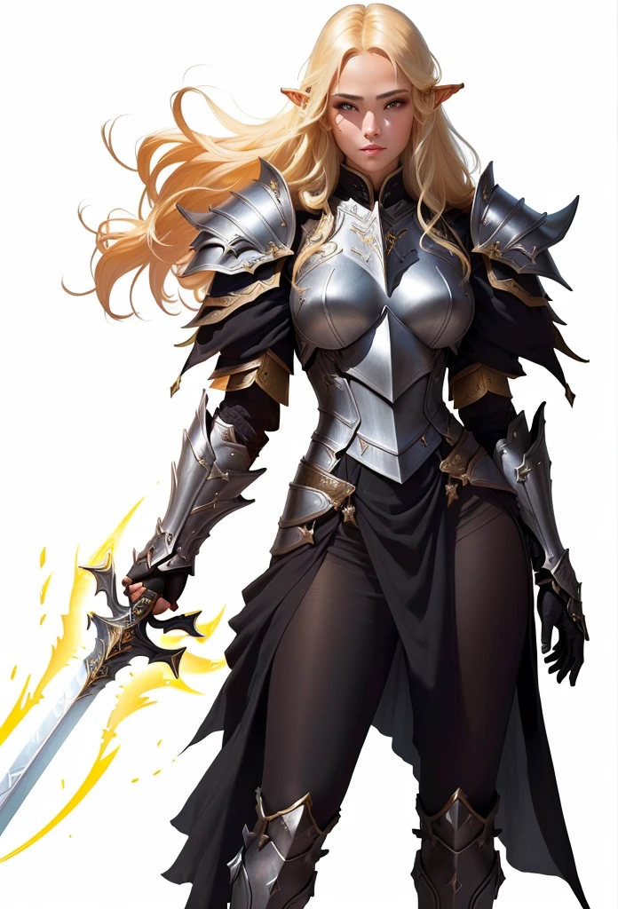 a woman in armor holding a sword and a sword, pale black armor, very stylish fantasy armor, armor girl, epic exquisite character art, wearing fantasy armor, from lineage 2, stunning armor, black armor, fantasy armor, by Yang J, black and golden armor, elegant armor, female armor, dark elf princess, clothed in ethereal battle armor, pretty face, nice face, sexy, sun high elf, big , brown skin face, blond hair, yellow hair, nudes legs,