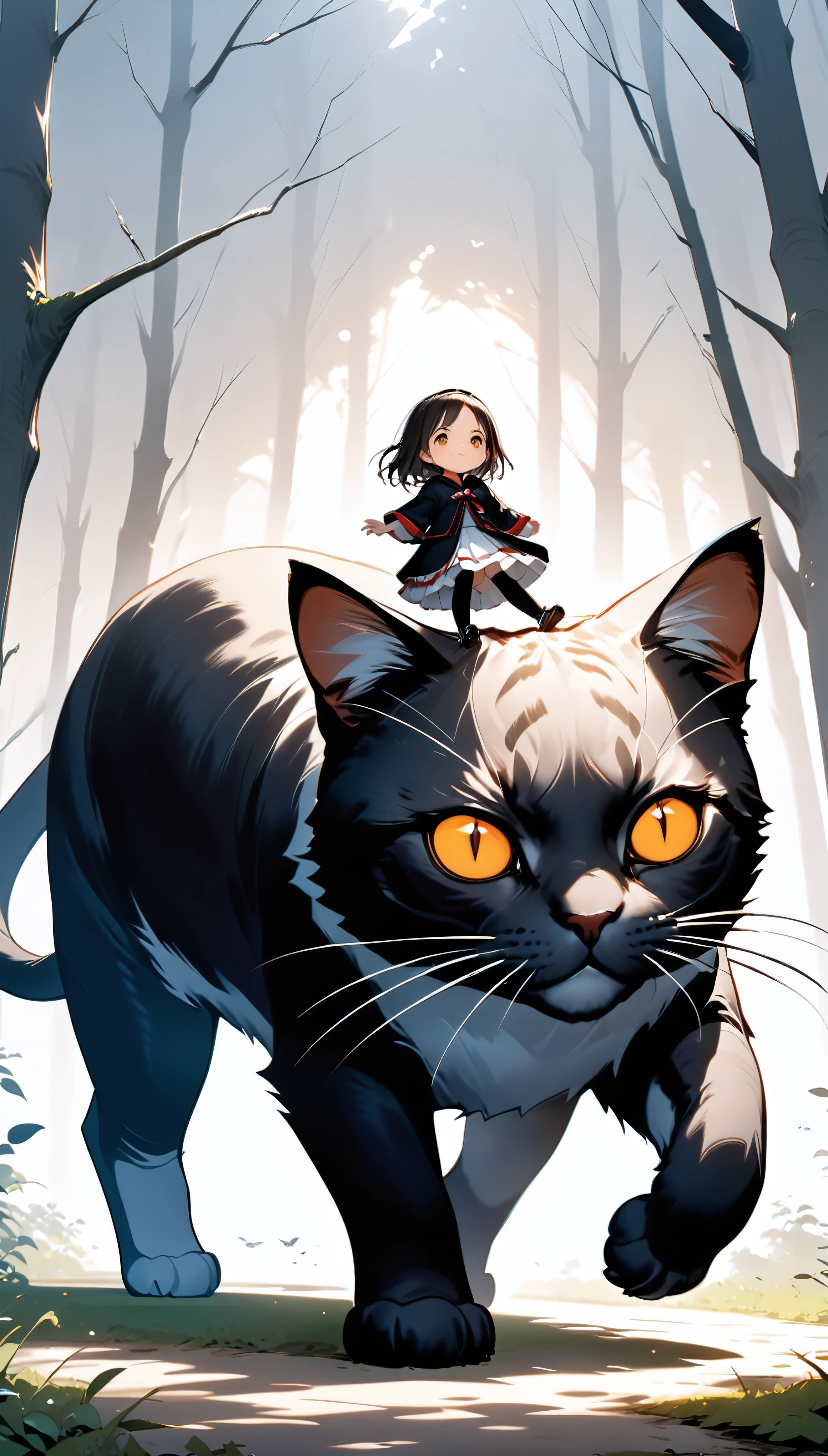Girl riding a giant cat, hzk, Extremely miniature girl,