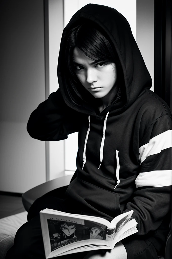 striking image of a brooding anime character with a mysterious expression reading a book in black and white style wearing a black hoodie 