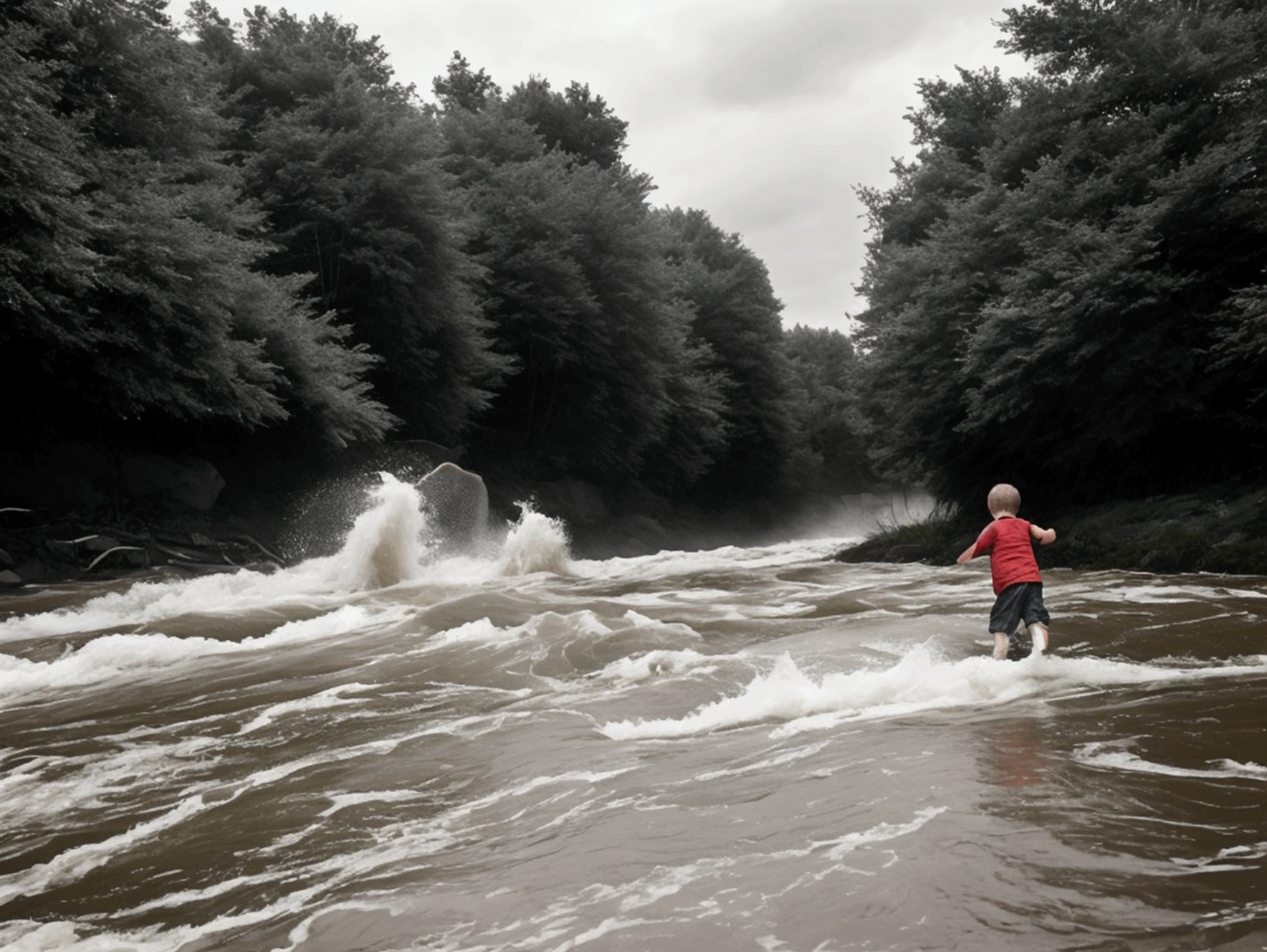 Create an image of a boy swimming in a river with murky water and a strong current. The boy appears to be struggling against the flow of the river, with a determined and slightly anxious expression on his face. The water is dark and swirling, with visible waves indicating the powerful current. The background includes a few trees and bushes on the riverbank, partially obscured by the turbulent water. The overall mood of the image is tense and dramatic, capturing the boy's effort to navigate the challenging conditions