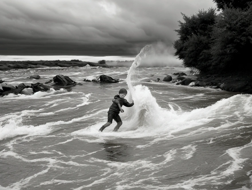 Create an image of a boy swimming in a river with murky water and a strong current. The boy appears to be struggling against the flow of the river, with a determined and slightly anxious expression on his face. The water is dark and swirling, with visible waves indicating the powerful current. The background includes a few trees and bushes on the riverbank, partially obscured by the turbulent water. The overall mood of the image is tense and dramatic, capturing the boy's effort to navigate the challenging conditions