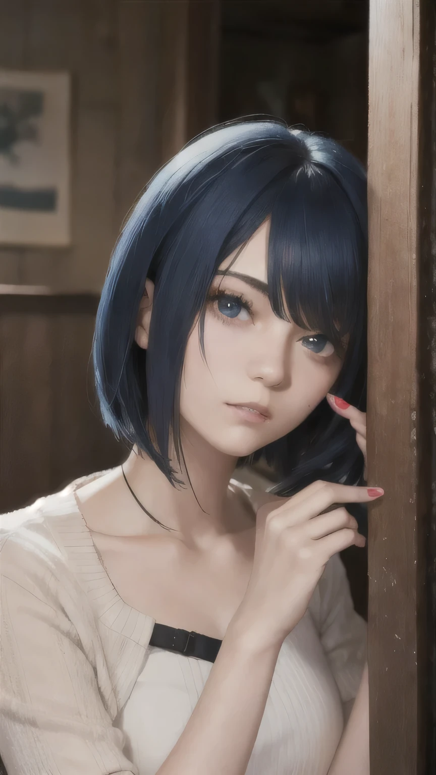 Ready your gun?,portrait of a beautiful woman,alone,20-year-old,Beautiful Face,Upper Body,Hair on one eye,Short Bob, Blue Hair, Sharp focus,10 fingers,Covered in blood