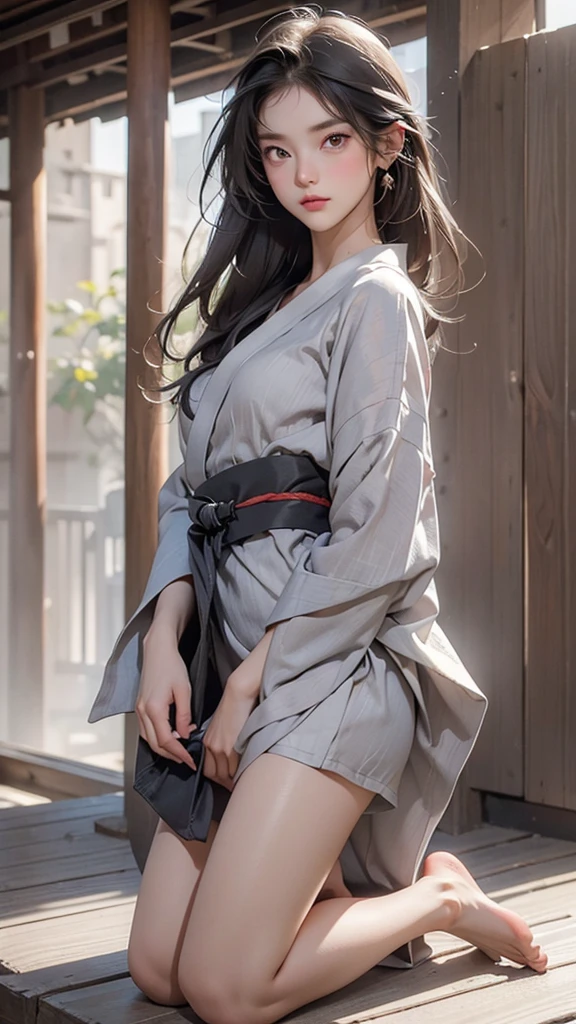 ((best quality, 8K, masterpiece :1.3)), Clear focus:1.2 ， Photorealistic，(light)，Facial detail texture. Eye details. Double eyelids, slim body. Super small breasts, Sexy clavicle，12 year old girl, Photo-realistic:1.37，Perfect eyes, ((1 Girl in a gray yukata))，（White belt），(Thick cloth)，((Ripped Linen))，There are pictures，Dark brown hair，Long hair draped loosely，Bangs，Kneeling in the snow，barefoot，Put your hands behind your back，Kneeling，Full body portrait，Short sleeve，Short skirt，Show your thighs，Wrinkles，((Solid color background))，Very shy，blush，Get wet