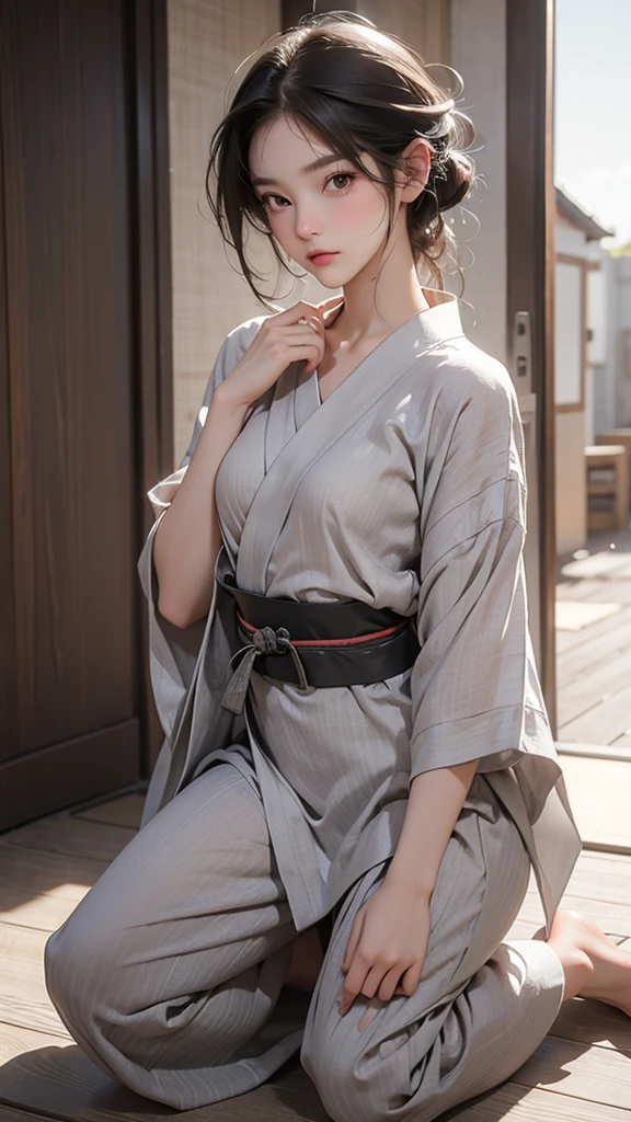 ((best quality, 8K, masterpiece :1.3)), Clear focus:1.2 ， Photorealistic，(light)，Facial detail texture. Eye details. Double eyelids, slim body. Super small breasts, Sexy clavicle，12 year old girl, Photo-realistic:1.37，Perfect eyes, ((1 Girl in a gray yukata))，（White belt），(Thick cloth)，((Ripped Linen))，There are pictures，Dark brown hair，Long hair draped loosely，Bangs，Kneeling in the snow，barefoot，Put your hands behind your back，Kneeling，Full body portrait，Short sleeve，Short skirt，Show your thighs，Wrinkles，((Solid color background))，Very shy，blush，Get wet
