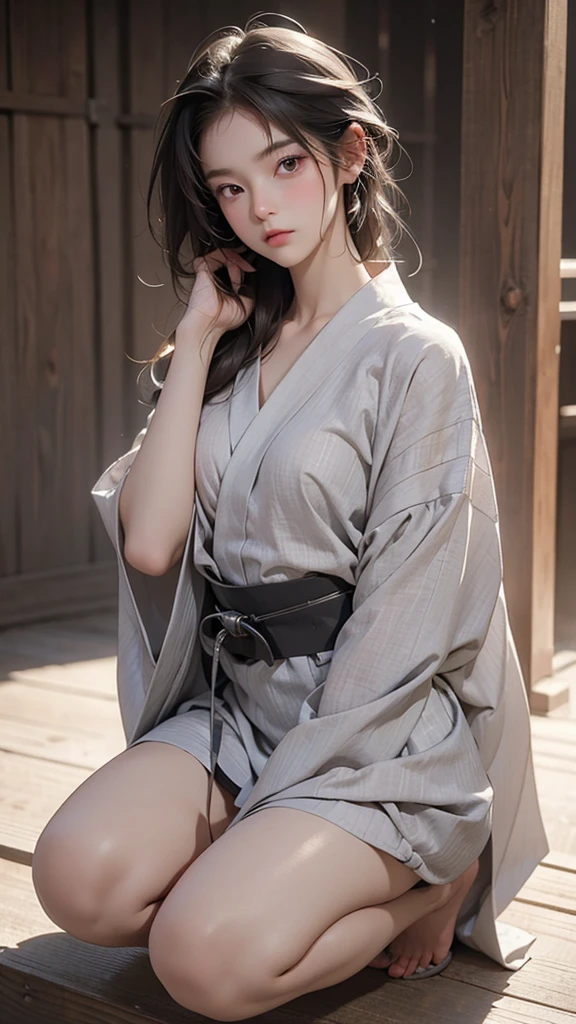 ((best quality, 8K, masterpiece :1.3)), Clear focus:1.2 , Photorealistic,(light),Facial detail texture. Eye details. Double eyelids, slim body. Super small breasts, Sexy clavicle,12 year old girl, Photo-realistic:1.37,Perfect eyes, ((1 Girl in a gray yukata)),(White belt),(Thick cloth),((Ripped Linen)),There are pictures,Dark brown hair,Long hair draped loosely,Bangs,Kneeling in the snow,barefoot,Put your hands behind your back,Kneeling,Full body portrait,Short sleeve,Short skirt,Show your thighs,Wrinkles,((Solid color background)),Very shy,blush,Get wet