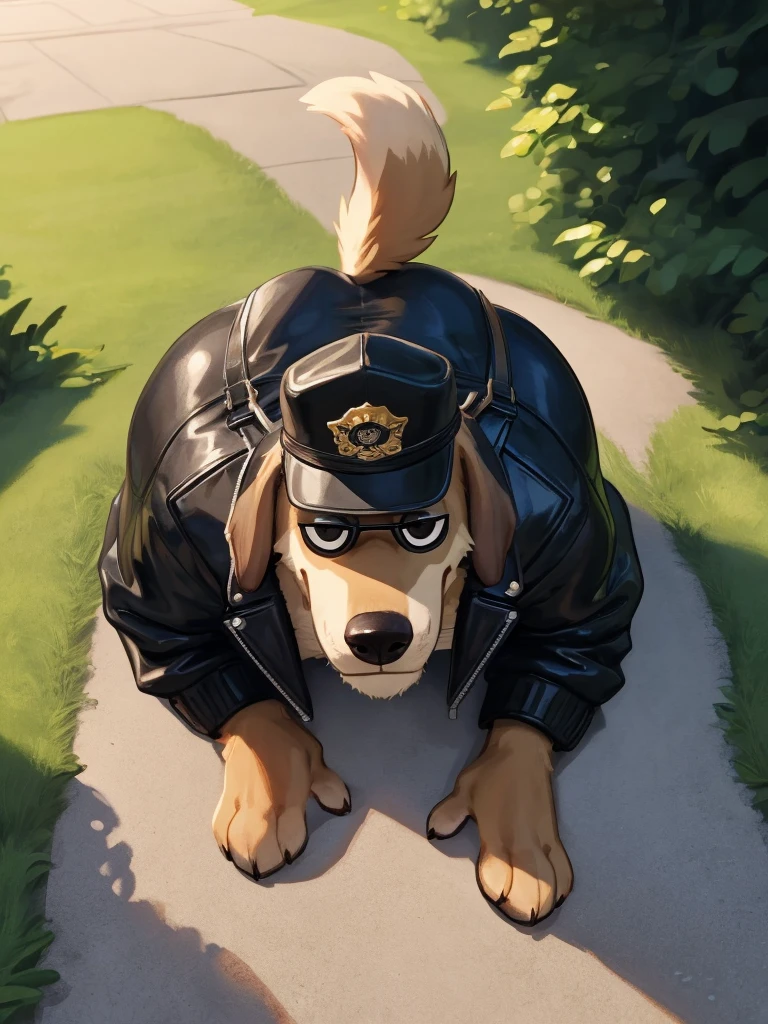  (soft shading), 4k, hi res, ((detailed face, detailed, Best quality, masterpiece, detailed anatomy, detailed eyes, detailed paws, perfect lighting, perfect shading)), by Bebebebebe, Dukey, 1male, Dog, feral, smirk, black eyebrow, black eyes, brown furs body, skinny chub body, black cop hat, sunglasses, black leather jacket crop top, down saggy jeans hotpants, tail, high angle view, big butt, pink butthole, on all fours in on the floor, in the park background 