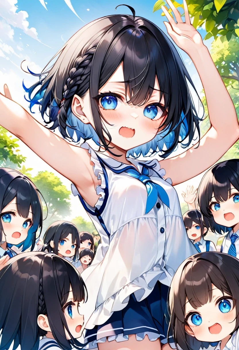 Highest quality、High resolution、Detailed Background、Beautiful face in every detail、Anatomically correct、Detailed facial expressions、fine grain、((From below))、One Girl、Black Hair、beautiful clear big blue eyes、Braided Bob、Chibi Girl、Primary school students, A childlike sleeveless shirt with frills、garden、((arm up in the air and waving:1.2)), Nothing in my hands、Very angry face、Glaring at the audience、Demon's Appearance、Screaming with their mouths wide open、(Hands close-up)