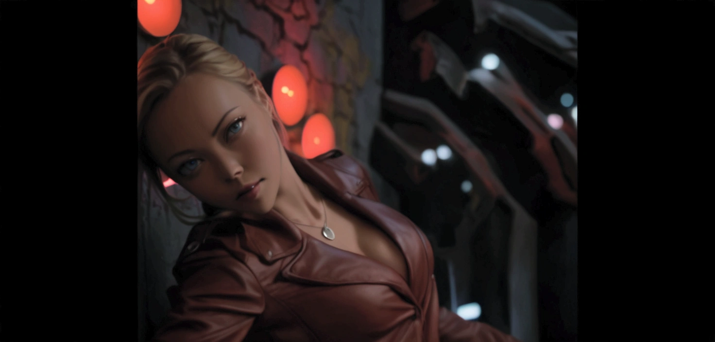 Blonde woman in leather jacket leaning against a wall with a neon light, Kristanna Loken, doom beautiful face,