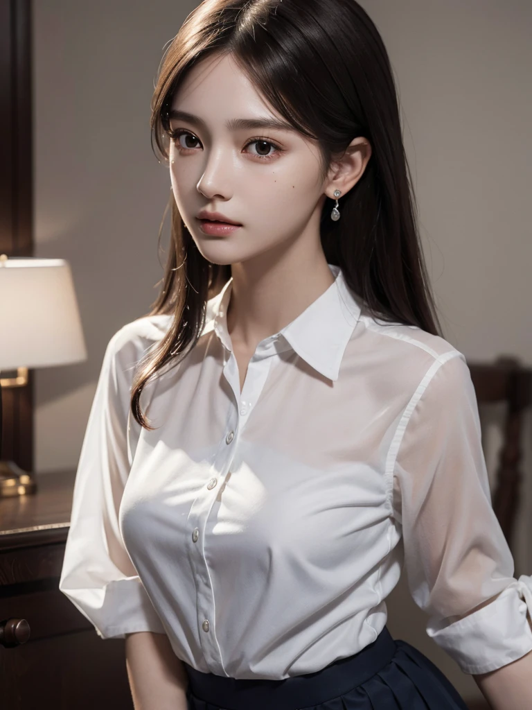 absurdres, RAW photo, extremely delicate and beautiful, masterpiece, Best Quality, ultra high resolution, 32k, hyperrealistic, ultra-detailed, perfect anatomy, super Detailed skin, perfect figure, Super Beauty, Perfect Style, Perfect balance, Beautiful Lighting, Perfect Lightning, Realistic Shadows, 20 years old, very Slim body, narrow waist, very small head, very small face, delicate facial features, handsome detailed woman, very detailed eyes and face, realistic face proportions, Realistic beautiful face, Realistic beautiful eyes, tearful mole, earring, very huge round breasts, legs, medium hair, asymmetrical hair, whole body shot, indoor, school_uniform, short skirt,