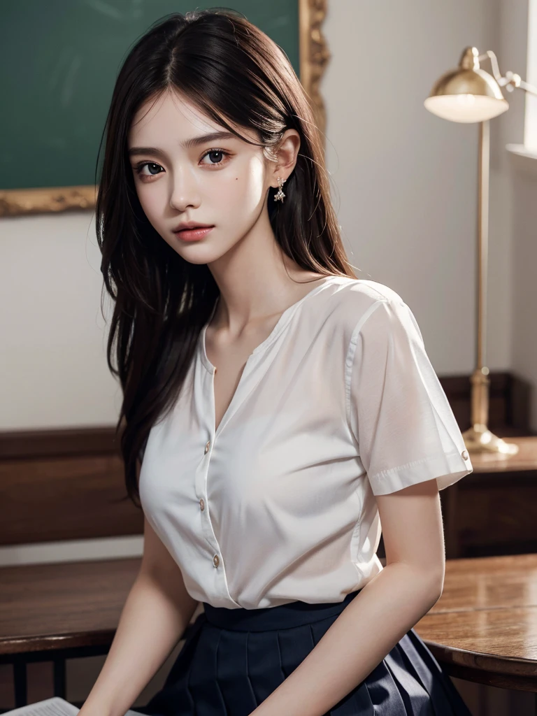 absurdres, RAW photo, extremely delicate and beautiful, masterpiece, Best Quality, ultra high resolution, 32k, hyperrealistic, ultra-detailed, perfect anatomy, super Detailed skin, perfect figure, Super Beauty, Perfect Style, Perfect balance, Beautiful Lighting, Perfect Lightning, Realistic Shadows, 20 years old, very Slim body, narrow waist, very small head, very small face, delicate facial features, handsome detailed woman, very detailed eyes and face, realistic face proportions, Realistic beautiful face, Realistic beautiful eyes, tearful mole, earring, very huge round breasts, legs, medium hair, asymmetrical hair, whole body shot, indoor, school_uniform, short skirt,