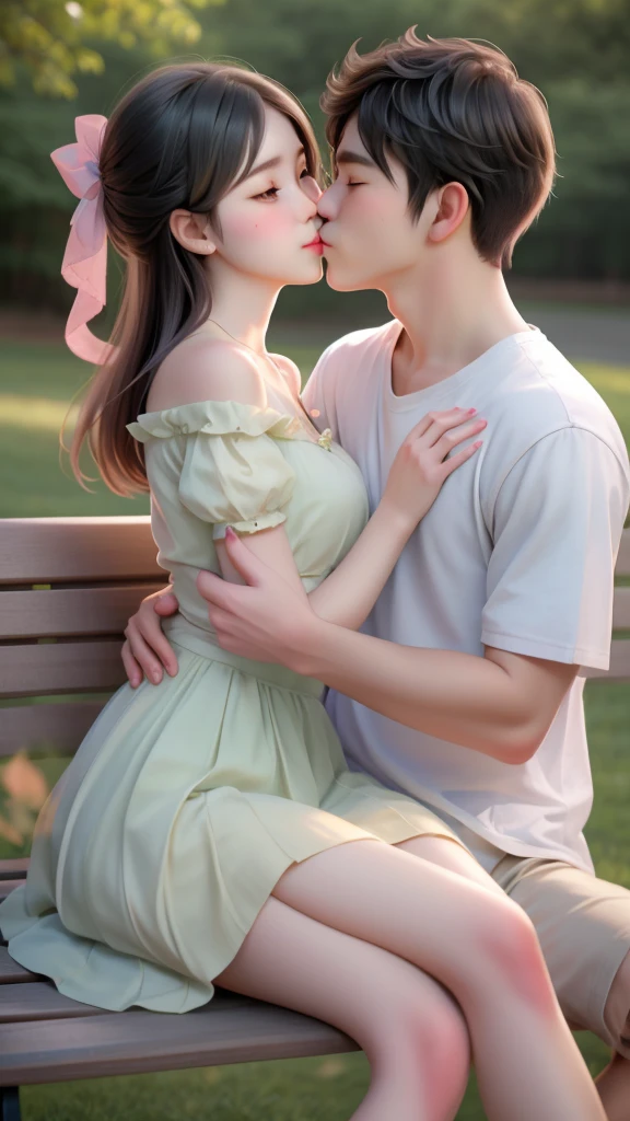a man and woman sitting on a bench kissing each other, couple pose, lovely couple, kissing together cutely, pose 4 of 1 6, candid picture, lovely kiss, very beautiful enga style, an attractive, candid photography, cute photo, romantic!!!, emotional picture, very beautiful photo, very clear picture, couple, photo taken with nikon d 7 5 0