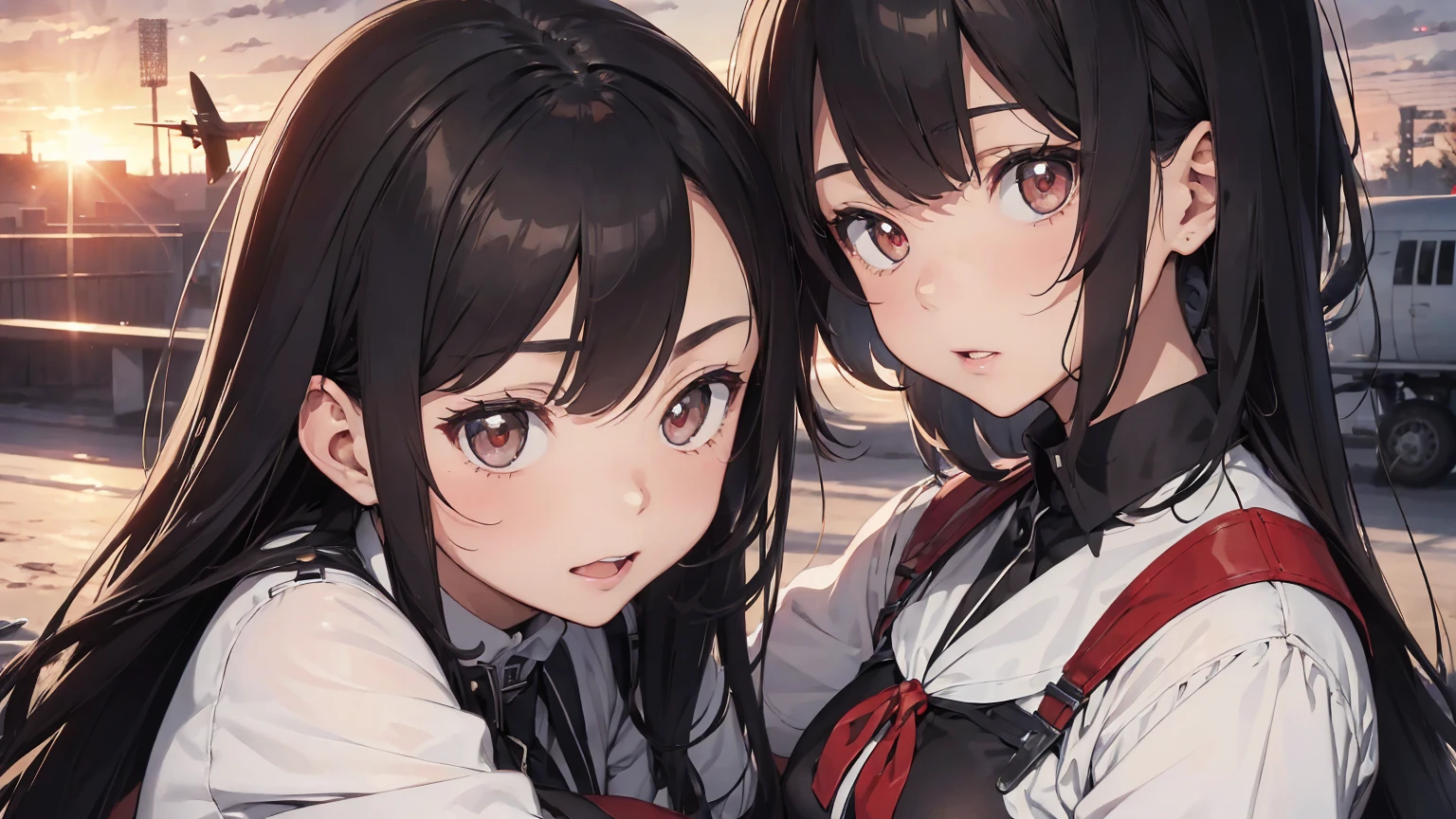 Gestapo uniform, female lesbian kawaii sisters kissing passionately with Heinkel He 111 airplane. wearing Luftwaffe pilot uniforms. 8k. masterpiece. best quality. best artwork. lingerie. Swastika insignia red armband. busty bare breasts. nipples. sunset. snowing