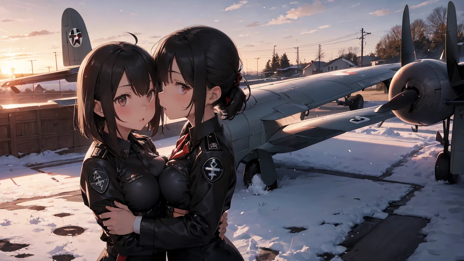 Gestapo uniform, female lesbian kawaii sisters kissing passionately with Heinkel He 111 airplane. wearing Luftwaffe pilot uniforms. 8k. masterpiece. best quality. best artwork. lingerie. Swastika insignia red armband. busty bare breasts. nipples. sunset. snowing
