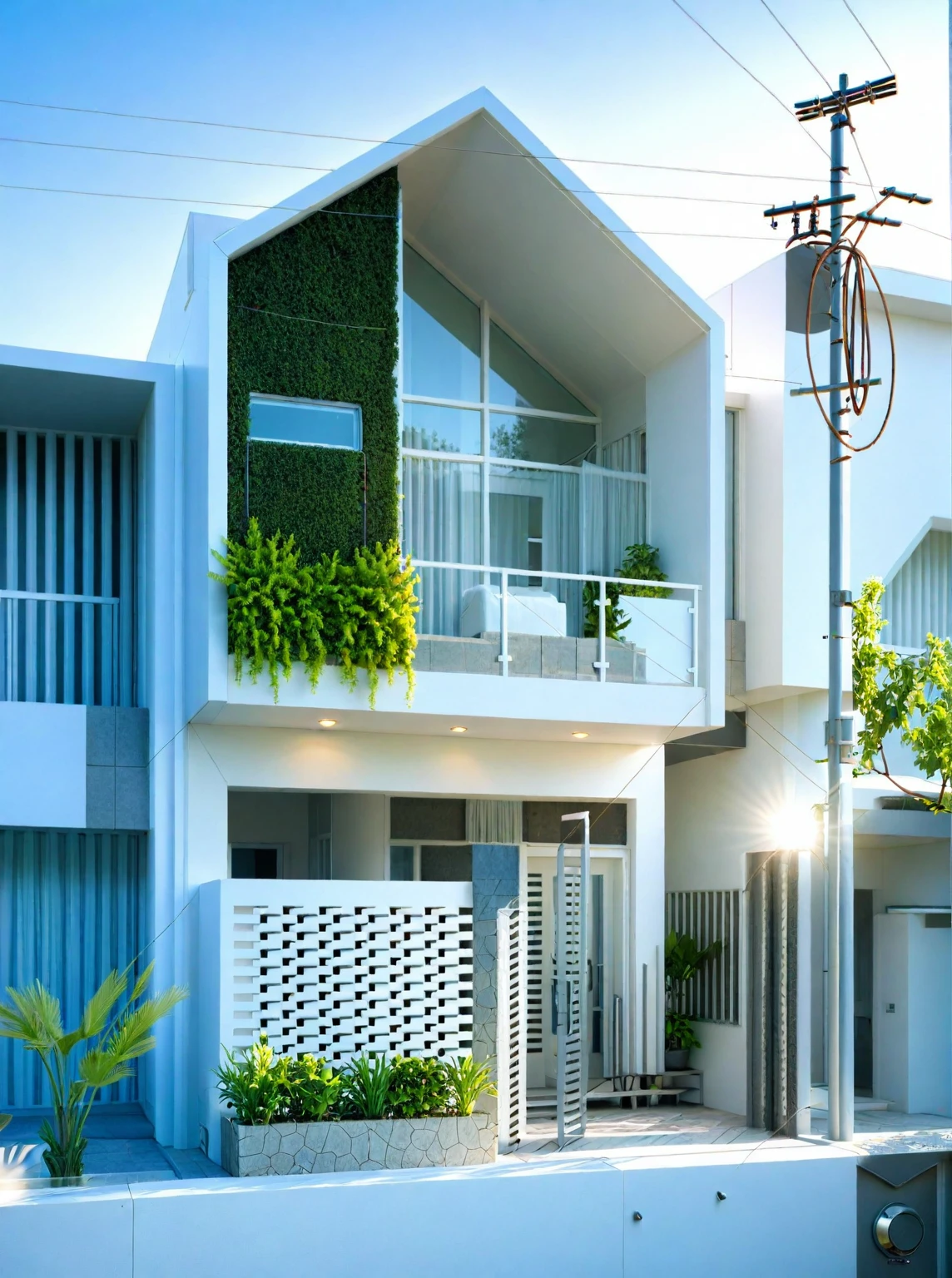 architecture, (townhouse) , trees, sunlight , white tone, clear sky, masterpiece,best quality, super detailed,realistic,photorealistic, 8k, sharp focus, a photo of a building sun light, RAW Photo, RAW texture, Super Realistic, 32K UHD, DSLR, high quality, film rating, Fujifilm XT3