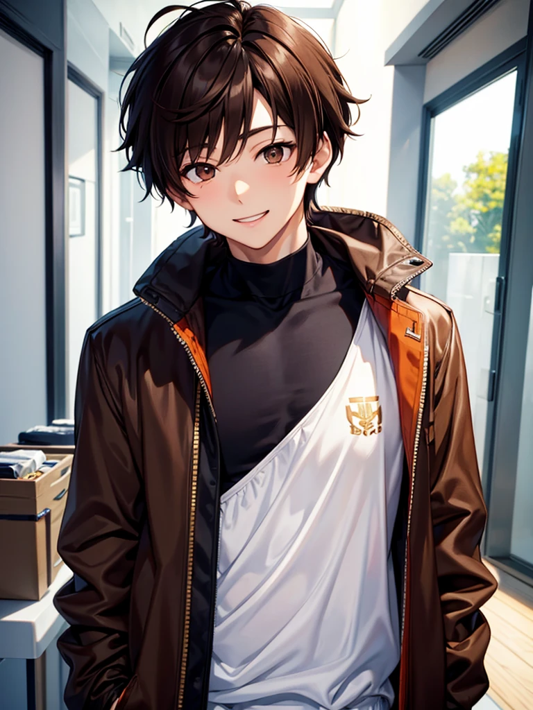 Brown hair. 1boy. Anime boy. Asian boy. Ulzzang. Brown eyes. Smiling. jacket. Upper body