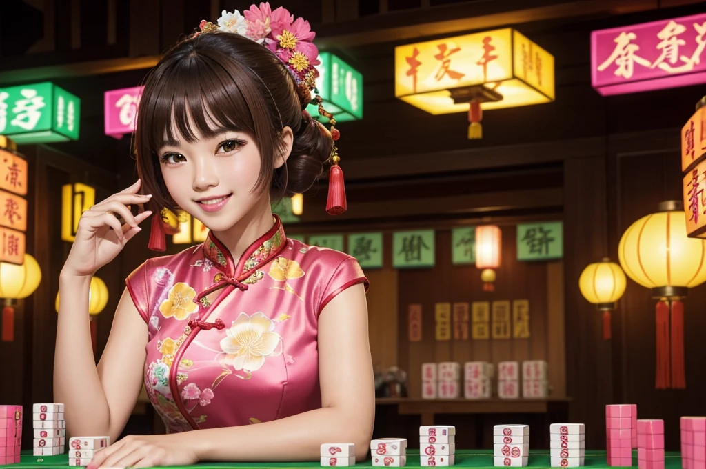 Create an illustration of an anthropomorphized sparrow girl at a vibrant, colorful mahjong tournament. She is wearing a cheongsam with traditional Chinese patterns and accessories made from mahjong tiles. Her hair is a gradient of brown and white with highlights of fluorescent pink and green, and her eyes are bright brown with a touch of fluorescent glow. She is posed joyfully celebrating a win, holding a mahjong tile between her fingers. The background features mahjong tables under colorful neon lights and lanterns, creating a lively and energetic atmosphere. Her expression is a beaming, joyous smile, capturing her exuberant personality.sexy、Exposed Skin