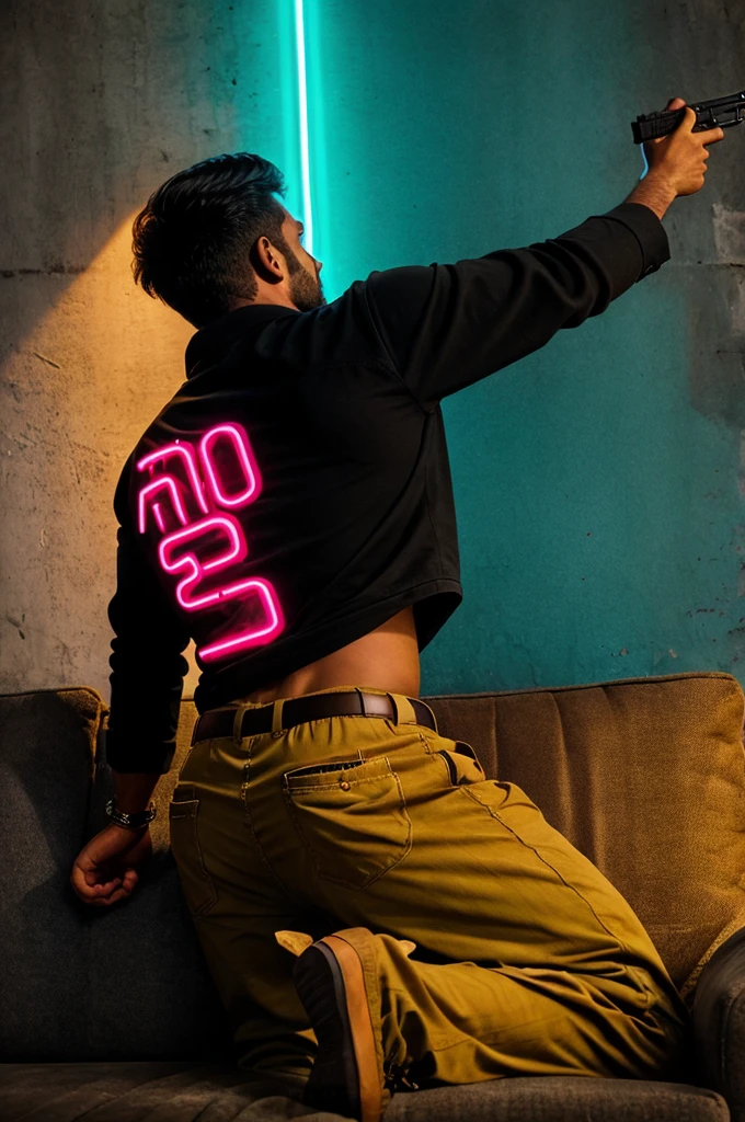 A man sit on sofa. Take a pistol in his hand a wall in his backside. Written Bhanuprakash with neon style