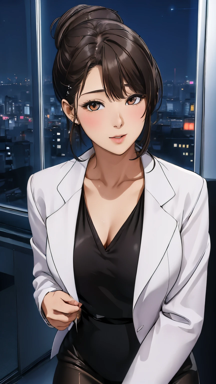 (night:1.7), Japan, Tokyo, 街の景color, in front of the window,
Stand in an upright and immobile position,
(upper_body),(close),(Focus on her face),
black_shirt,pantyhose, Pencil Skirt,white_Jacket,chestの谷間, clavicle, 
office lady,
Brown Hair,Red eyes, black縁メガネ,Hair Bun,flowing bangs, 
1 girl, 24-years-old,Mature Woman,beautiful Finger,beautiful long legs,beautiful body,beautiful Nose,beautiful character design, Perfect Eyes, perfect face,
Looking at the audience, Center the image,
Browsing Caution,Official Art,Highly detailed CG Unity 8k wallpaper, Perfect lighting,colorful, bright_front_face_Lighting,
(masterpiece:1.0),(Highest_quaLightingy:1.0), 超High resolution,4K,Very detailed,
photograph, 8k, High resolution, High resolution, Confused:1.2, Kodak Portrait 400, Film Grain, Blurred Background, Bokeh:1.2, Lens flare, (Vibrant_color:1.2)
(beautiful,small_chest:1.4), (beautiful_face:1.5),(narrow_Waist),