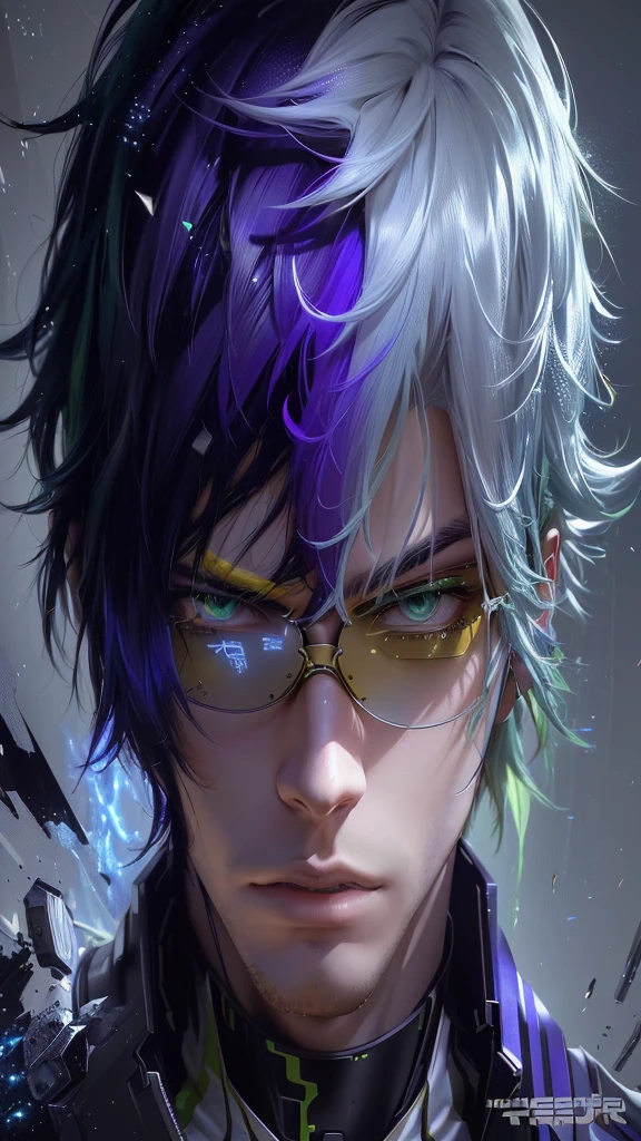 a futuristic guy with wraparound yellow glasses, anime style, green hair, white background, yellow colors, full body, 1 person, handsome detailed character, photorealistic, 8k, high quality, ultra detailed, cinematic lighting, vibrant colors, dynamic pose, sci-fi, digital art
